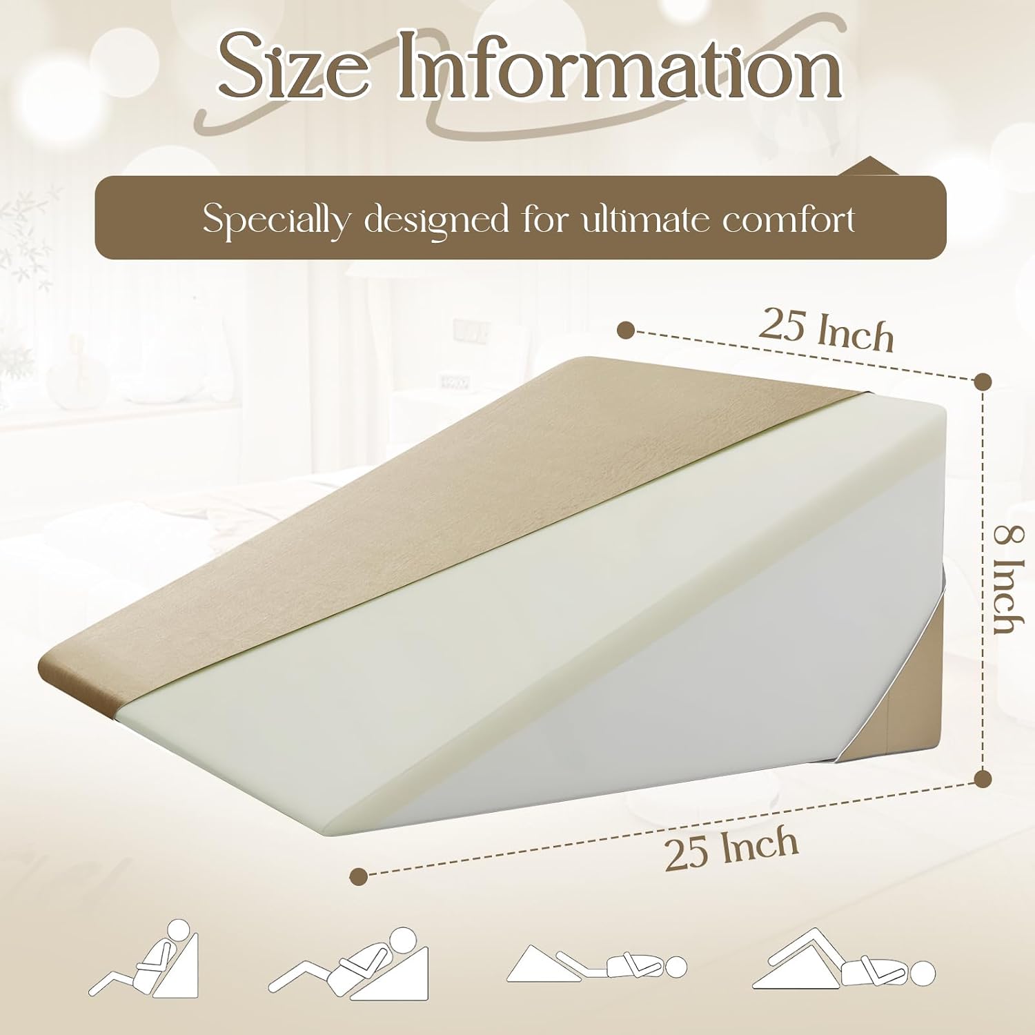 Cotton Wedge Pillow Cover for 24" x 24" x 7.5" Wedge Bed Pillow, Zippered Wedge Pillow Case Protector with Side Pocket, Beige (Pillow Not…
