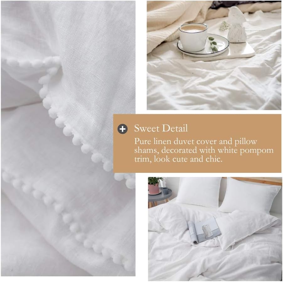 Simple&Opulence 100% Washed Linen Duvet Cover with Pom Pom Trim, Natural French Flax Bedding Set Soft Breathable,1 Farmhouse…