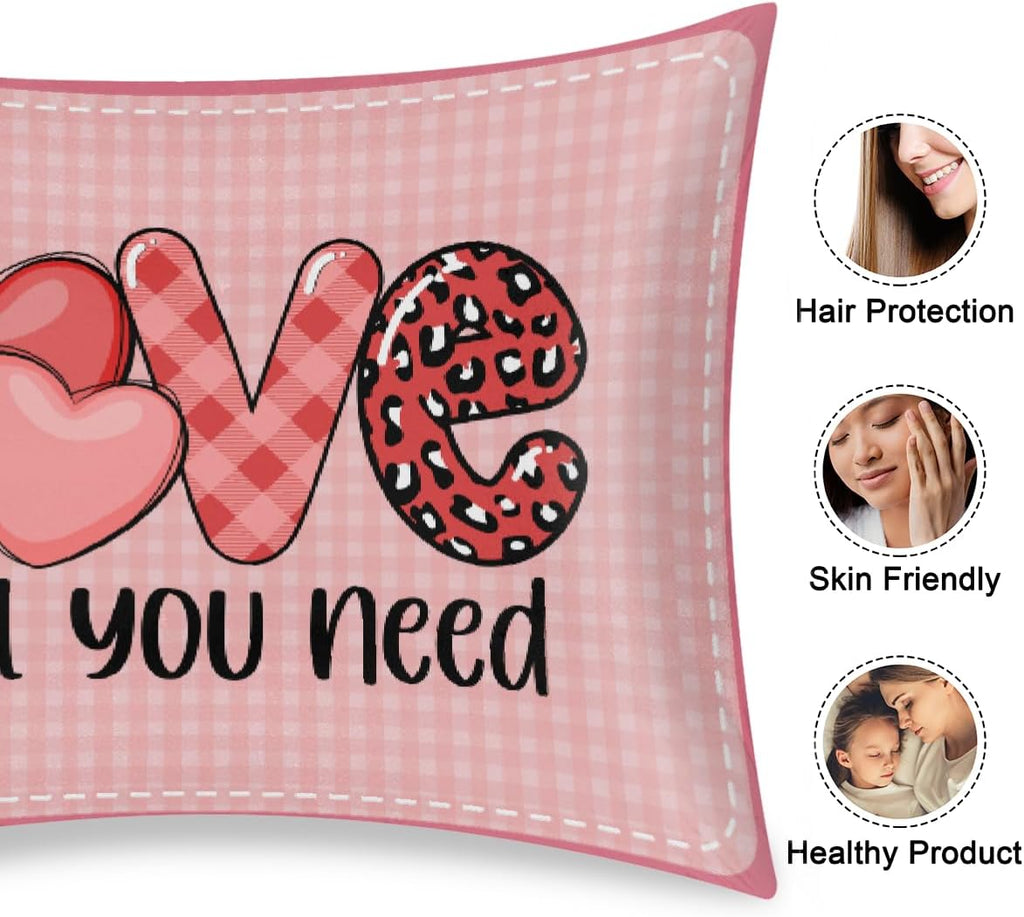 Valentine Pink Heart Satin Silk Pillowcase for Hair & Skin Pillow Cases Standard Size Soft Silk Pillow Case with Envelope Closure Satin…