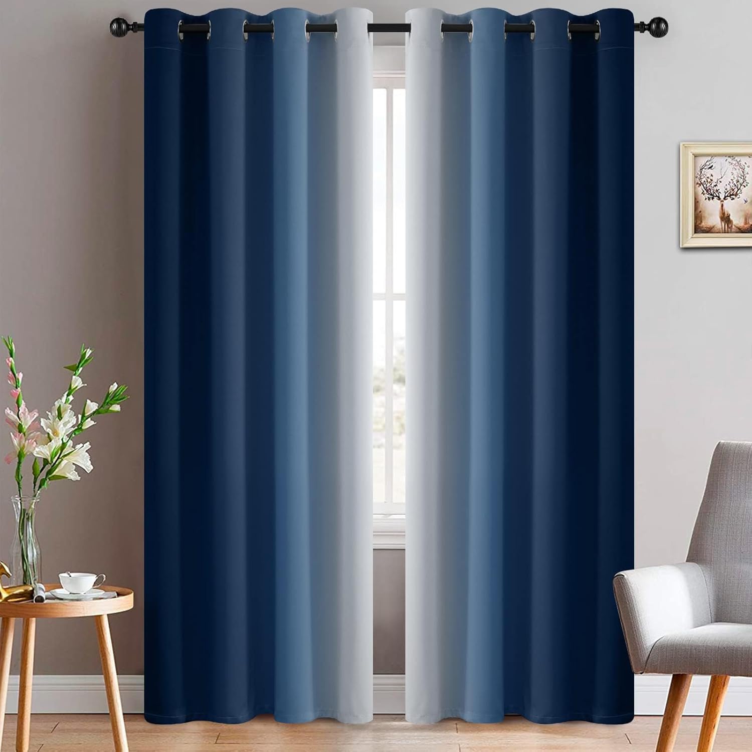 Yakamok Blue Ombre Curtains Room Darkening Grommet Curtains for Bedroom, Light Blocking Thermal Insulated Window Drapes for Living Room(2 P…