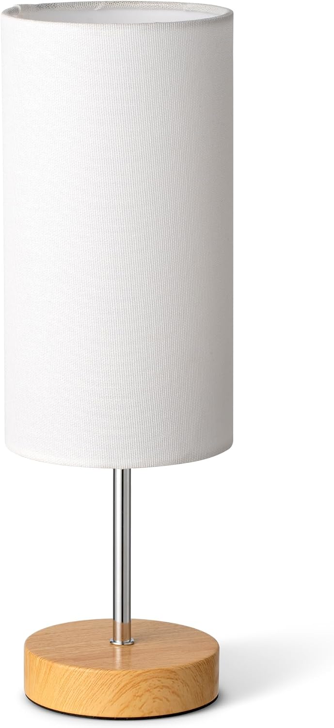 Small Table Lamp for Night Stands, Round White Fabric Shade and Wood Base, Modern Minimalist Bedside Lamps for Bedroom Dresser, Living…
