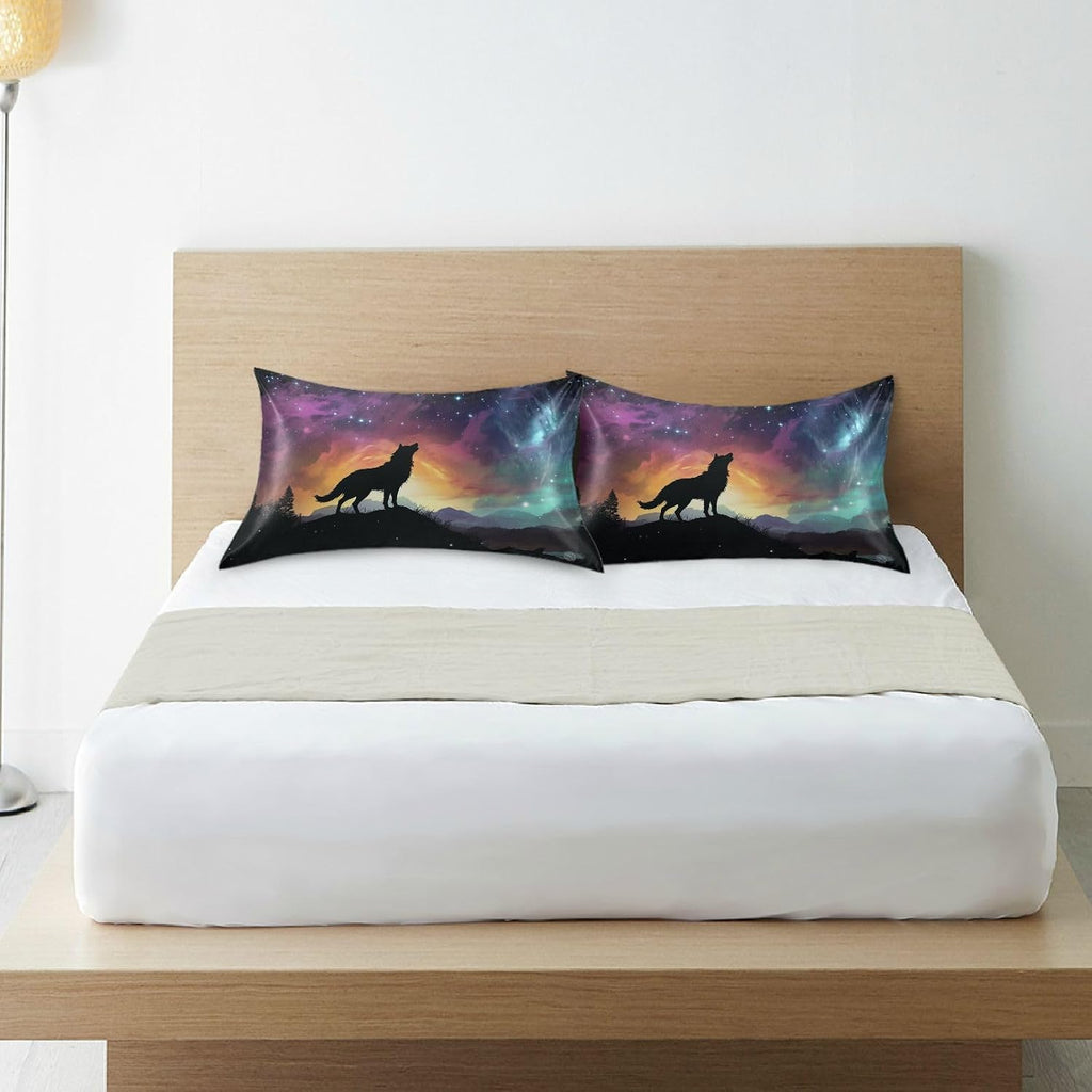 YETTASBIN Galaxy Wolf Satin Pillowcase, Soft Breathable Silk Pillow Case with Envelope Closure for Hair and Skin, Standard Size 26 x 20 Inch