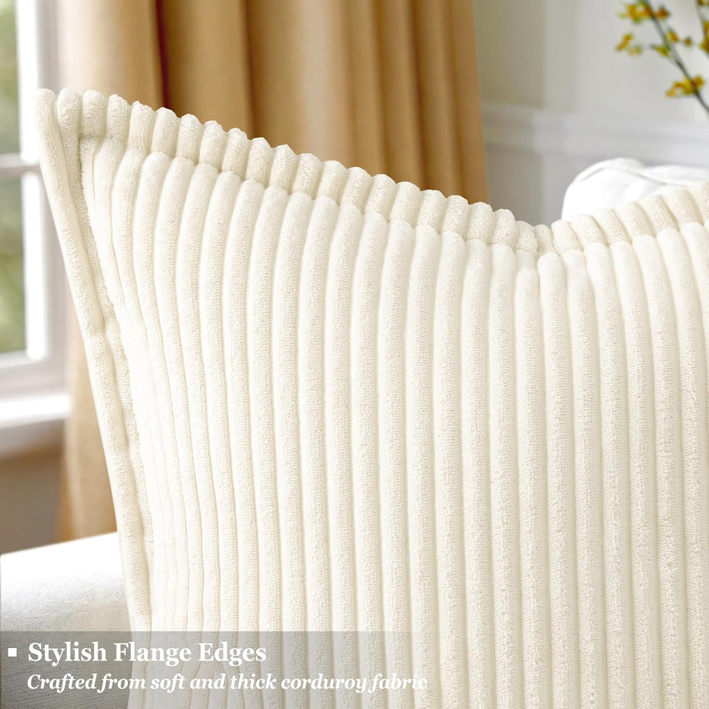 decorUhome Summer Corduroy Cream White Euro Sham Throw Pillow Covers 26x26 Set of 2 Decorative Soft Boho Farmhouse Couch Pillow Covers for…