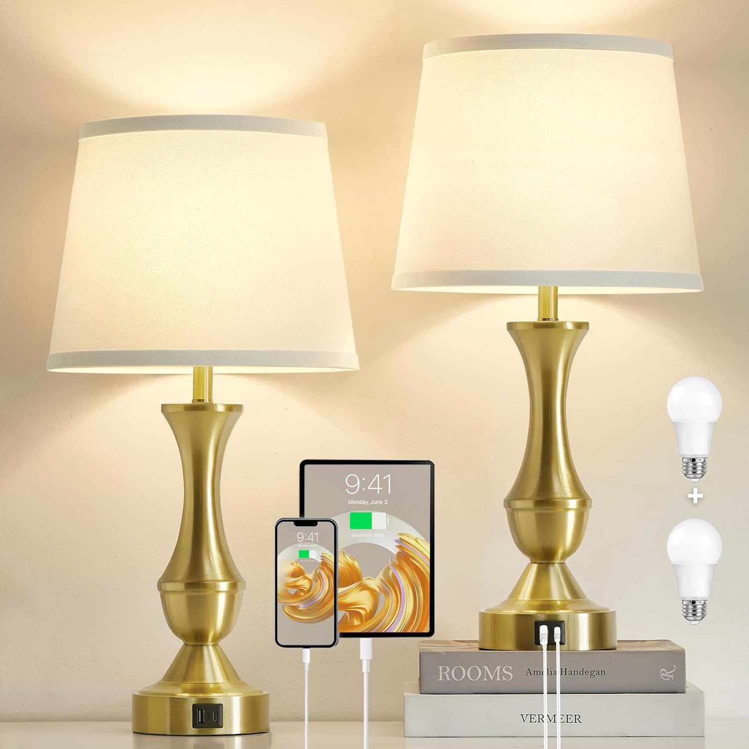 Luvkczc 22" Gold Table Lamps Set of 2 - Modern Luxury Bedside Lamps with White Fabric Shade, Dimmable & Dual USB C+A Ports, Nightstand…