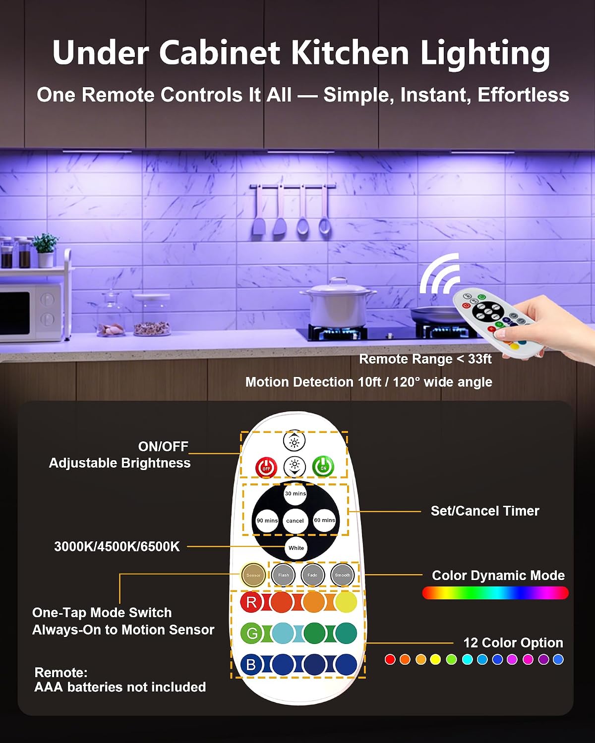 SZOKLED 58-LED Under Cabinet Lighting Wireless, RGB Motion Sensor Night Lights, Magnetic Under Cabinet Lights for Kitchen, Shelf, Stair…
