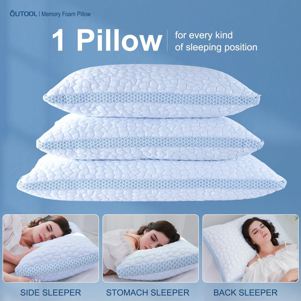 Qutool Enhanced Cooling Pillows for Sleeping, CertiPUR-US Shredded Memory Foam Pillows Standard Size Set of 2 for Hot Sleeper, Adjustable P…
