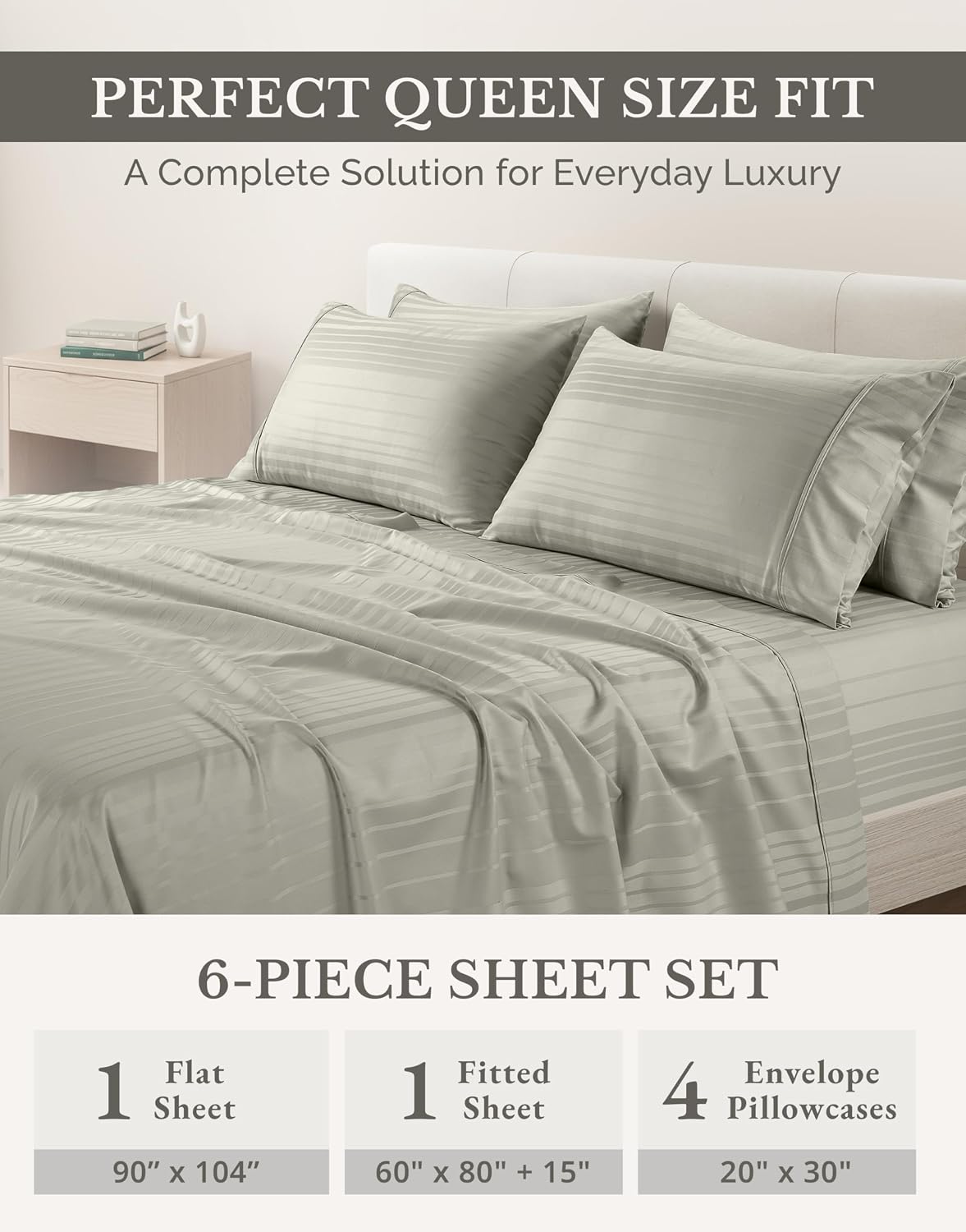 Casa Platino 100% Cotton Sheets Queen Size - 6 Pcs (1 Flat, 1 Fitted, 4 Pillowcases) - Striped 500 TC - Ultra Smooth Sateen Weave Bed…