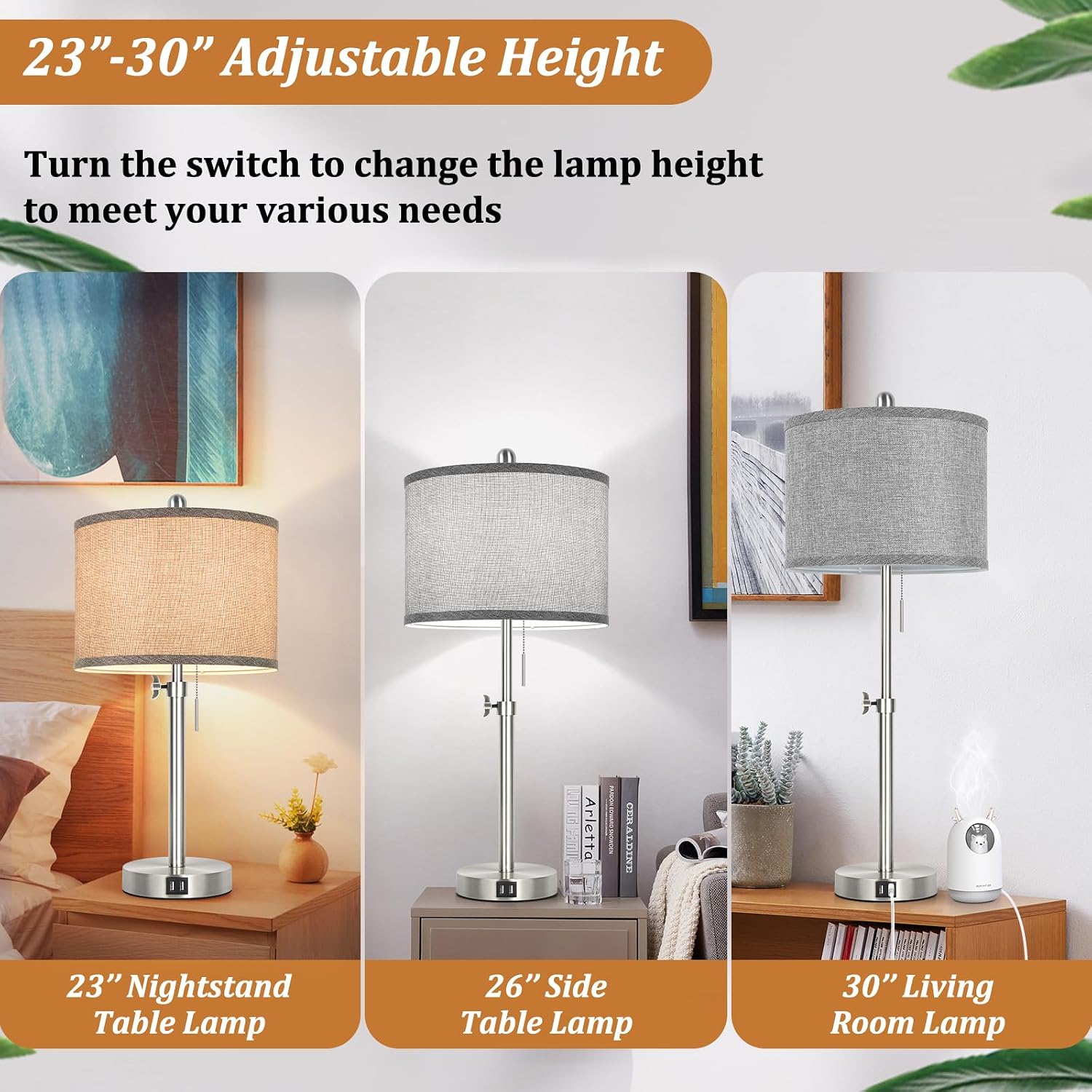 Silver Table Lamps Set of 2 for Living Room Bedroom, 23''-30'' Adjustable Height Bedside Lamps with 2 USB Ports, Industrial Nickle…