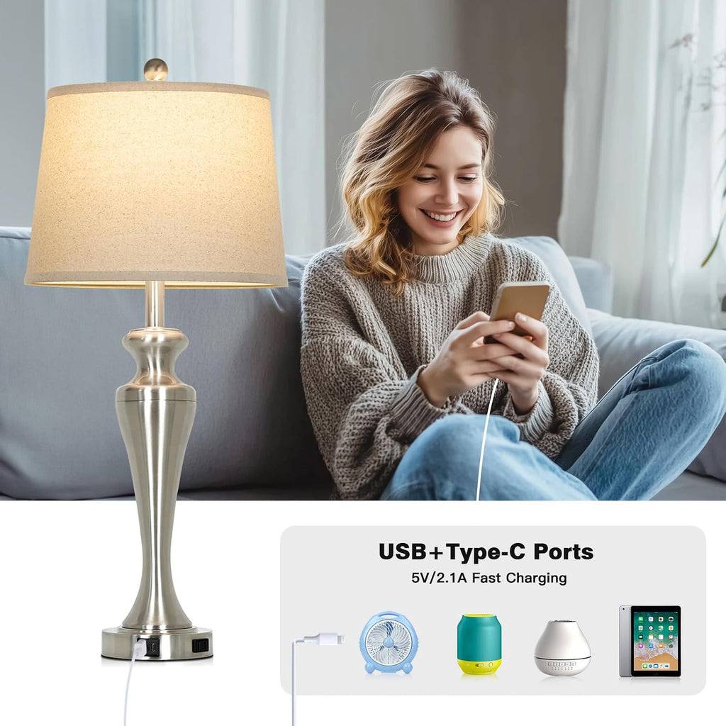 Ruzectt 30" Table Lamps Set of 2, 3-Way Dimmable Touch Bedside Lamp with USB A+C Ports and AC Outlet, Tall Living Room Lamps for Side…