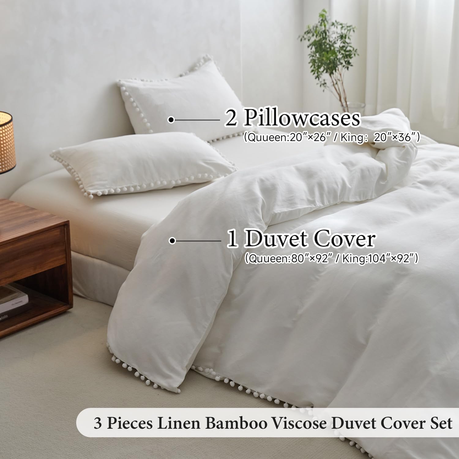 Simple&Opulence French Linen Blended Duvet Cover King, Flax Viscose Derived from Bamboo Bedding Set with Pom Pom Trim Soft Cooling for…