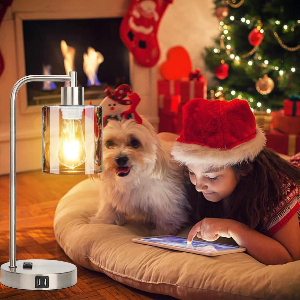 Industrial Touch Control Table Lamps Set of 2 - Brushed Nickel Nightstand Bedside Lamps with 2 USB Ports & AC Outlet, 3-Way Dimmable Desk…