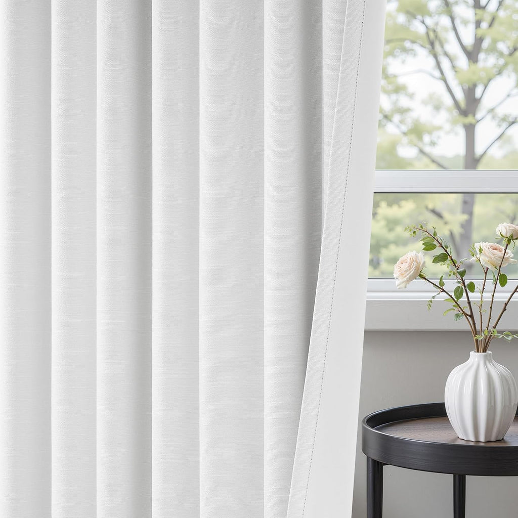 Topfinel 90 inch long 100% Blackout linen curtains 2 Panels set Beige White Window Drapes with Back Tab Rod Pocket Light Blocking Room dark…