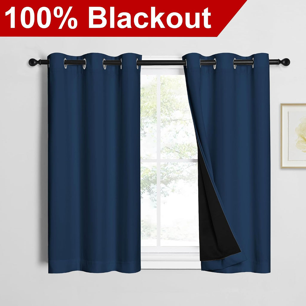 Nicetown 100% Blackout Short Curtains with Black Liners, 2 Panels, 37" W by 40" L, Moroccan Blue, Thermal Insulated Full Blackout 2-Layer L…