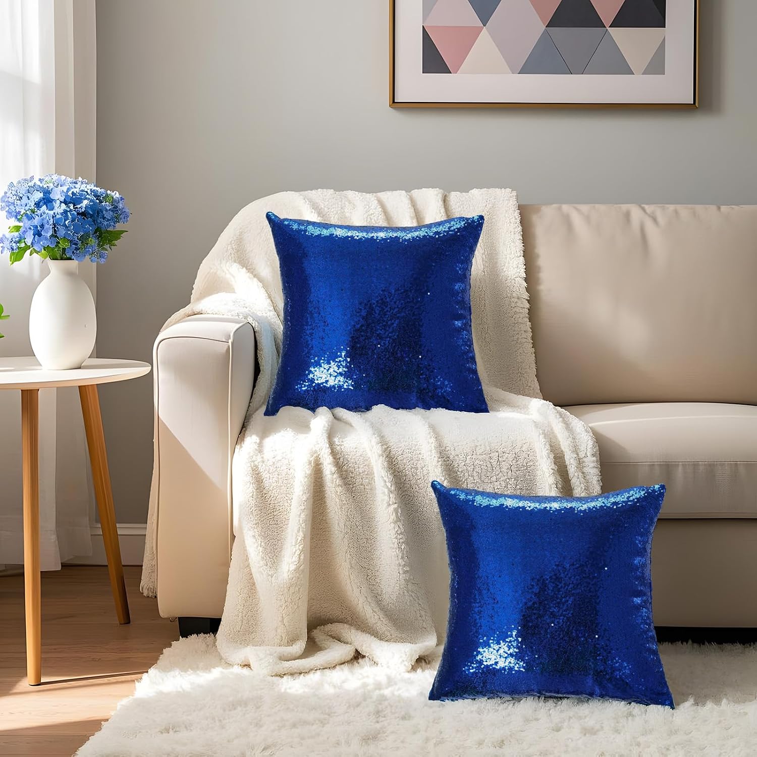 Eternal Beauty Set of 2 Sequin Decorative Pillow Cover Navy Blue Throw Pillow Covers for Couch Sofa Throw Pillows 18 X 18 Inches