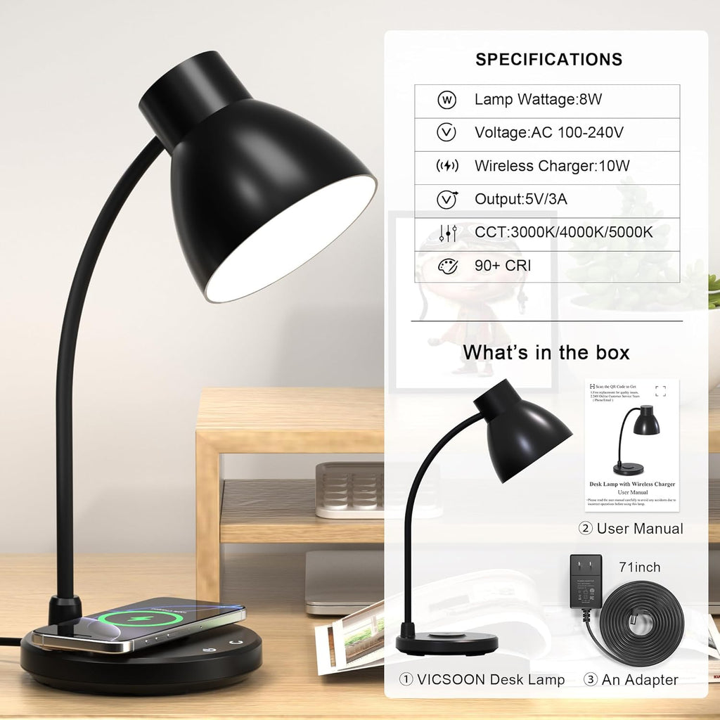 Desk Lamps for Home Office - LED Desk Lamp with Wireless Charger, 3 Color Modes Dimmable Eye-Caring Study Reading Desk Light, Small…