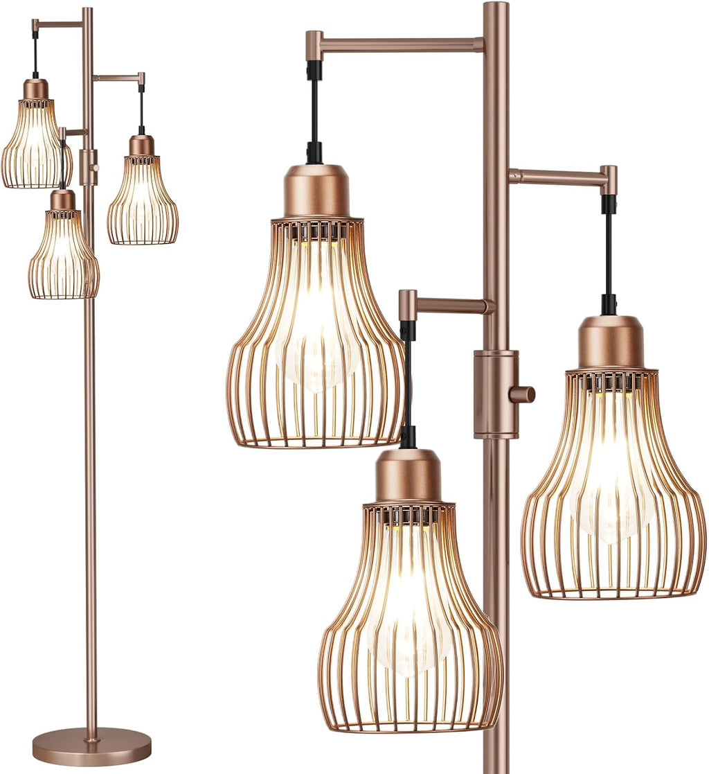 Ziisee Dimmable Floor Lamps for Living Room, Industrial Tree Standing Tall Lamps with 3 Elegant Cage Shade & 800 Lumens LED Bulbs for…