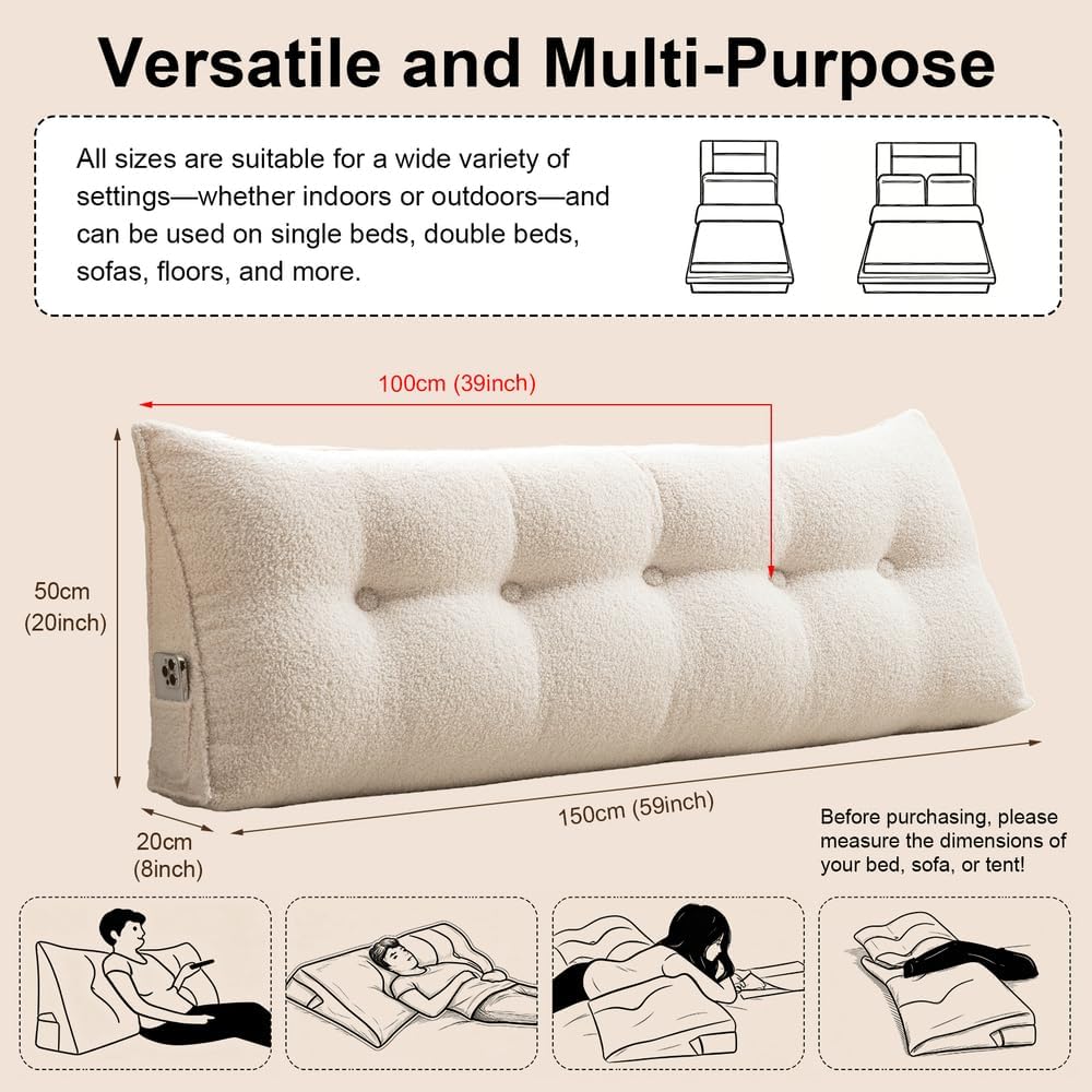 Headboard Pillow Wedge Soft Teddy Velvet Reading Pillow for Bed, Backrest Cushion with Removable Cover & Side Pockets, Comfortable…