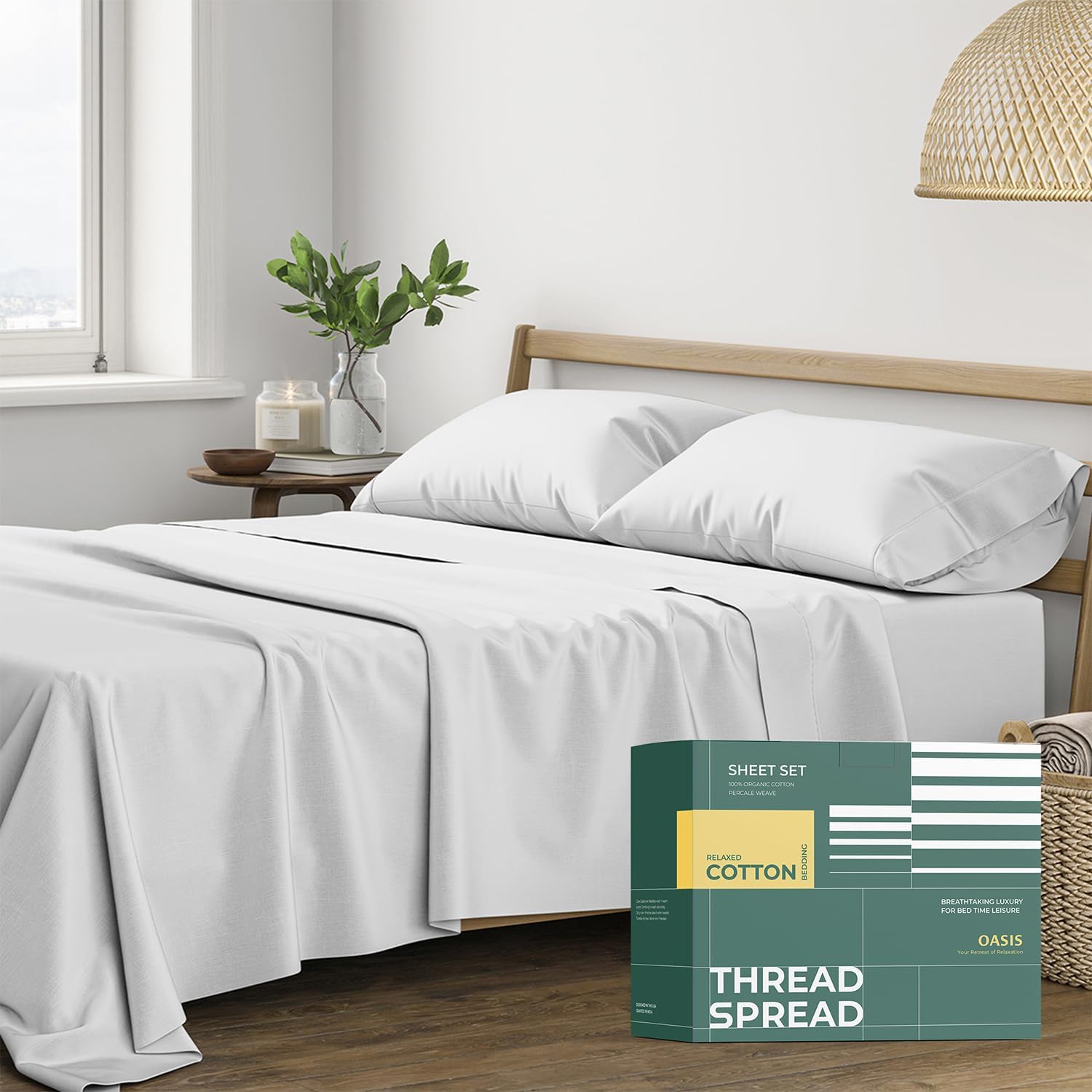 THREAD SPREAD 100% Organic Cotton Sheets Queen Size - 4 PC Organic Cotton Queen Size Percale Weave Sheet Set, Soft, Cooling, Crisp &…