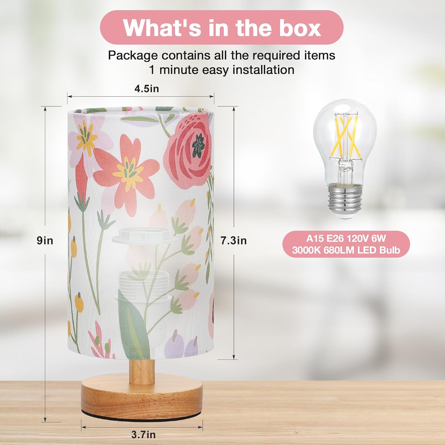 Fenmzee Floral Table Lamp for Bedroom - Inline Control, Small Bedside Lamp with 3000K A15 LED Blub, Easy Assembly (Floral White Shade, 9"…