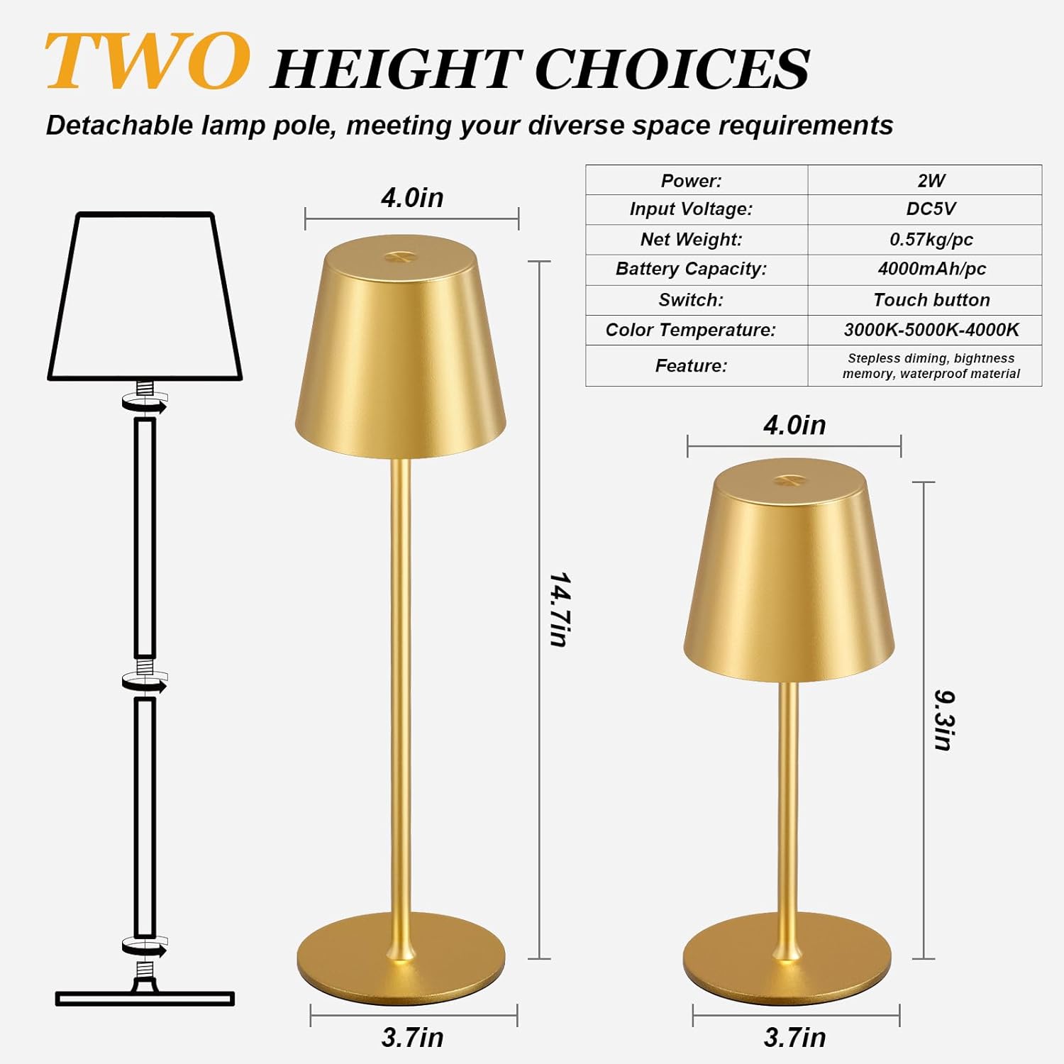 Cordless Table Lamp Rechargeable Gold - KK 2 Pack 5000mAH Battery Operated Lamp for Dining Table, 3 Color Stepless Dimming Wireless Lamp…