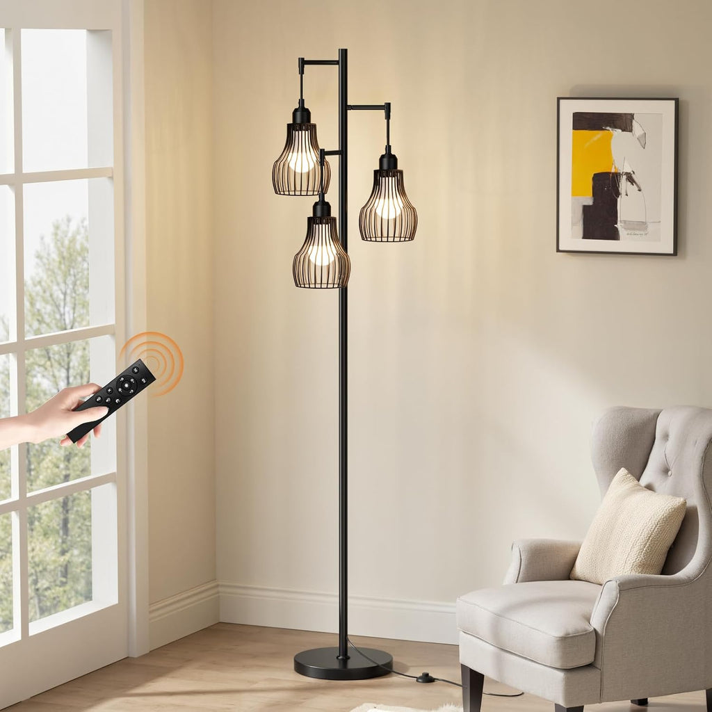 Ziisee Dimmable Floor Lamps for Living Room, Farmhouse Tree Standing Tall Lamp with Remote Control 3 Elegant Cage Shade LED Bulbs for…
