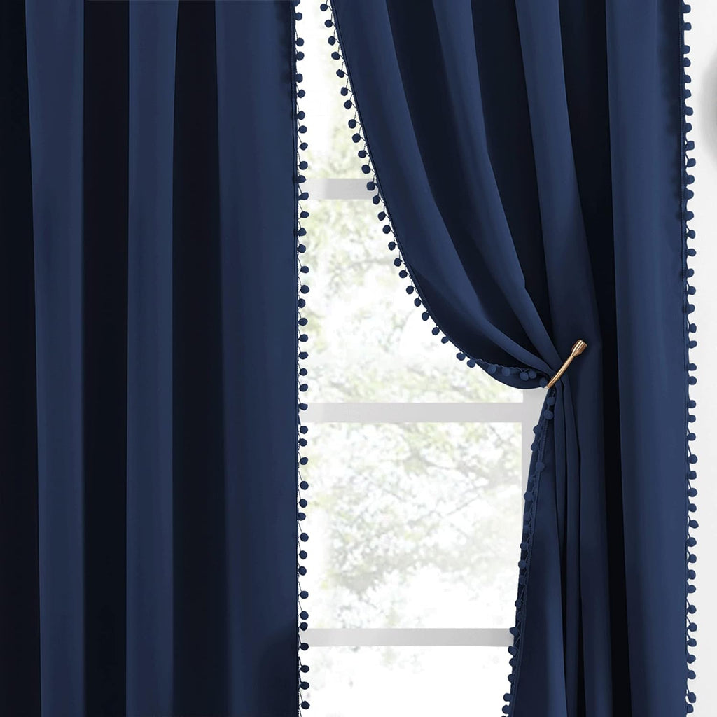 NICETOWN Navy Blue Blackout Curtains with Pompoms, Farmhouse Solid Privacy Window Curtains & Drapes Rod Pocket Curtain Shades for Living…