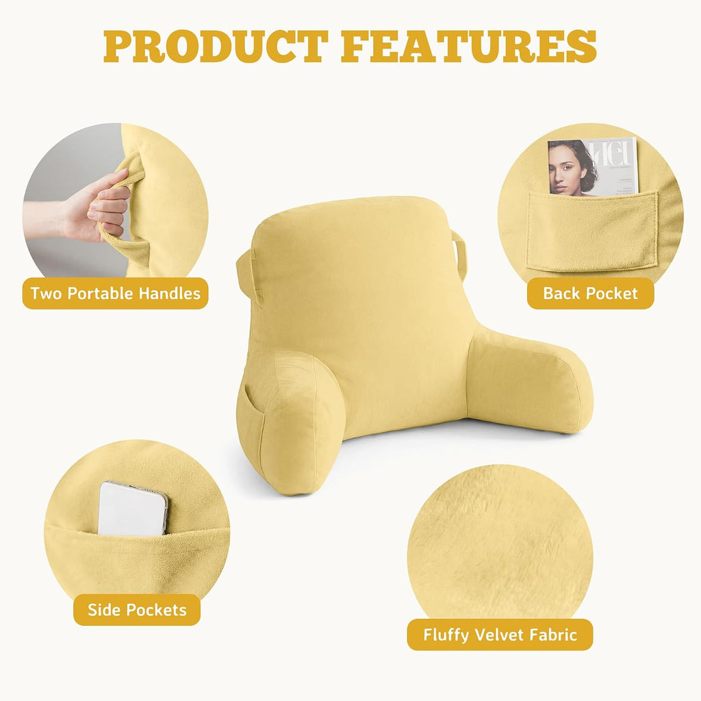 Unisakey Portable Comfy Reading Pillows for Bed Sitting Up(Yellow Oeko-Tex), Velvet Back Pillow with Arms & Pockets for Adults, Support…