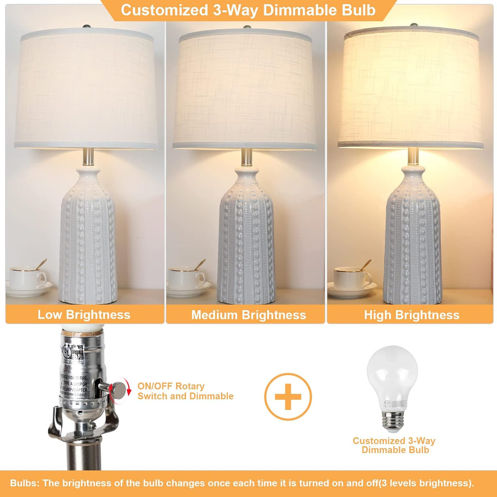 JUNNAI White Ceramic Table Lamp 24.5": 3-Way Dimmable Bedside Lamp with White Drum Slub Shade, Modern Nightstand Lamp for Bedroom &…