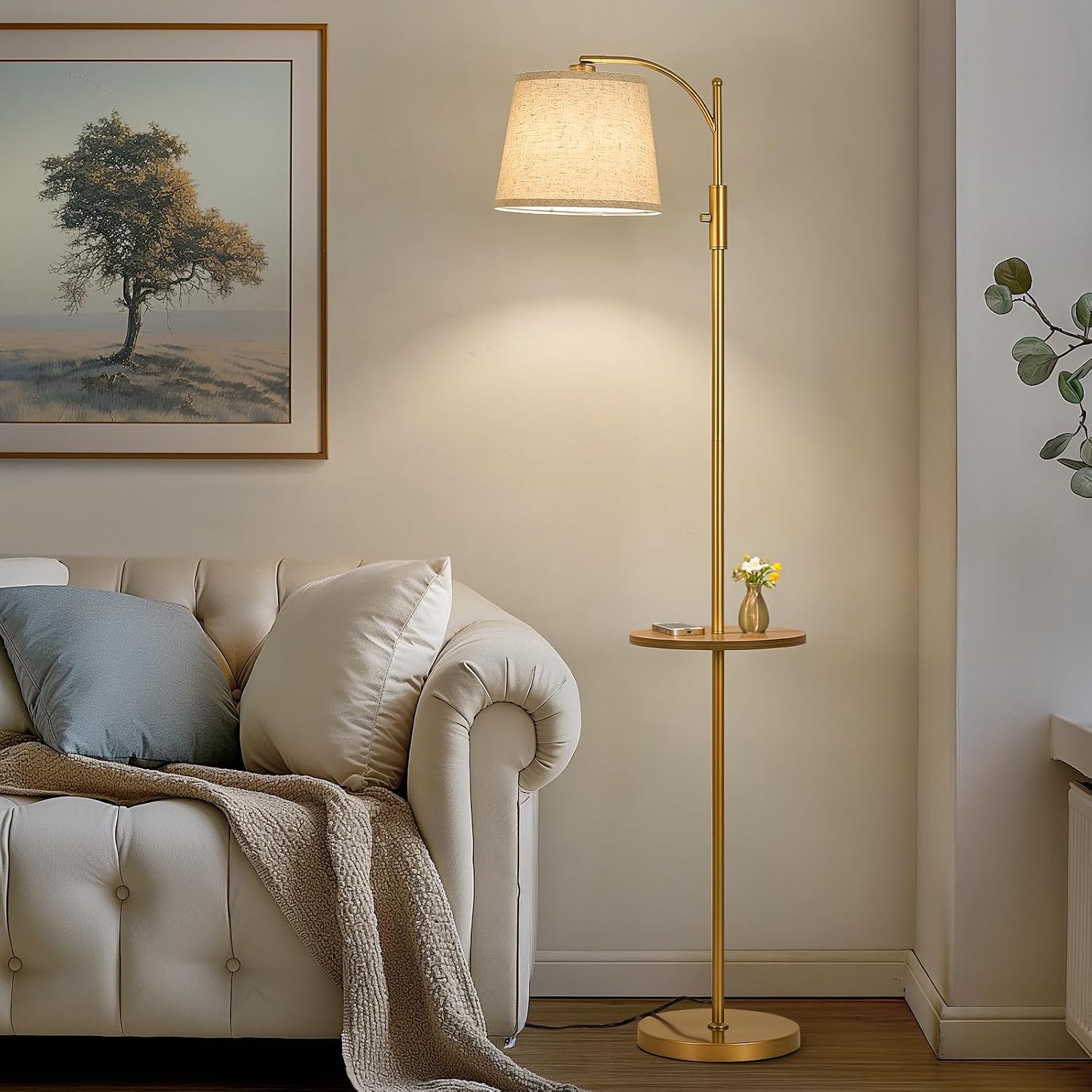 AIDENOEY Fully Dimmable Floor Lamp for Living Room, Standing Lamp Rotary Switch with Table&Linen Beige Shade, Golden Tall Lamps for Bedroom…