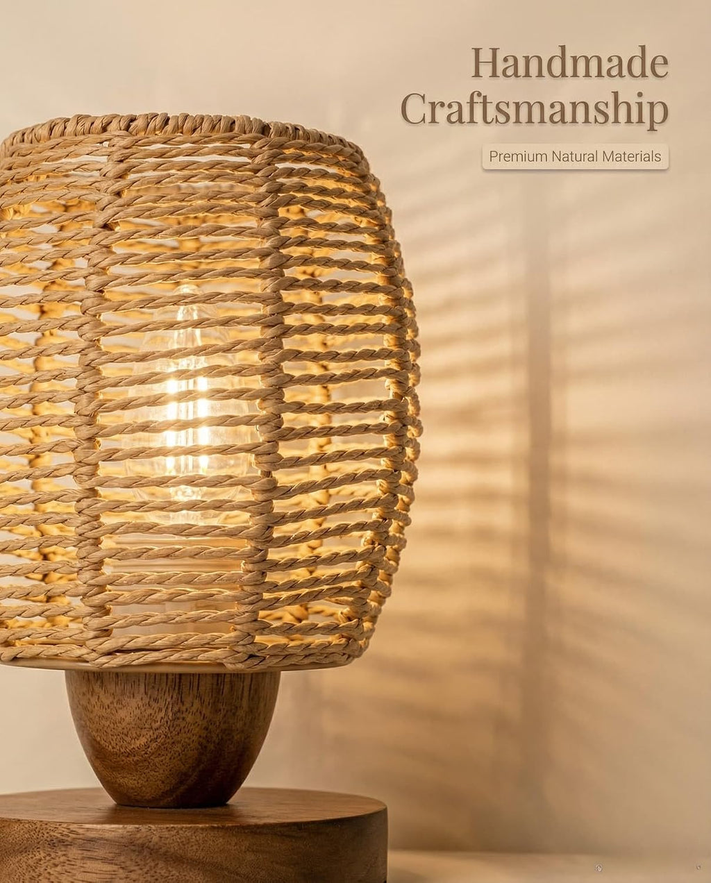 Rattan Table Lamp, Boho Small Beside Lamp, Farmhouse Table Lamp for Room Decor, Vintage Wicker Wooden Nightstand Bamboo Woven End Table…