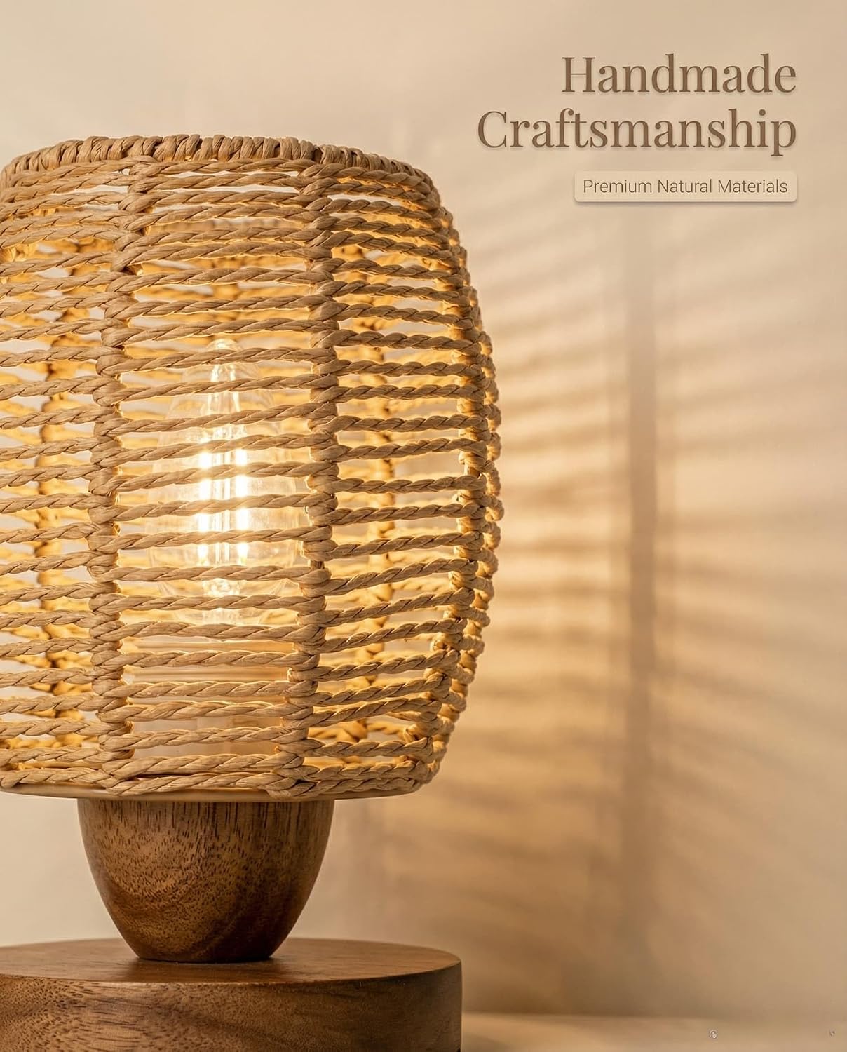 Rattan Table Lamp, Boho Small Beside Lamp, Farmhouse Table Lamp for Room Decor, Vintage Wicker Wooden Nightstand Bamboo Woven End Table…