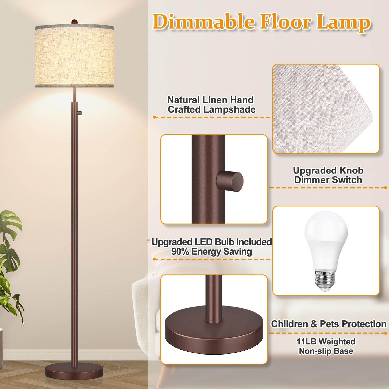 Nintiue 【Upgraded】 Dimmable Floor Lamp for Living Room, 11W LED Bulb Included, Modern Standing Lamp, Tall Pole Light with Linen Shade for…