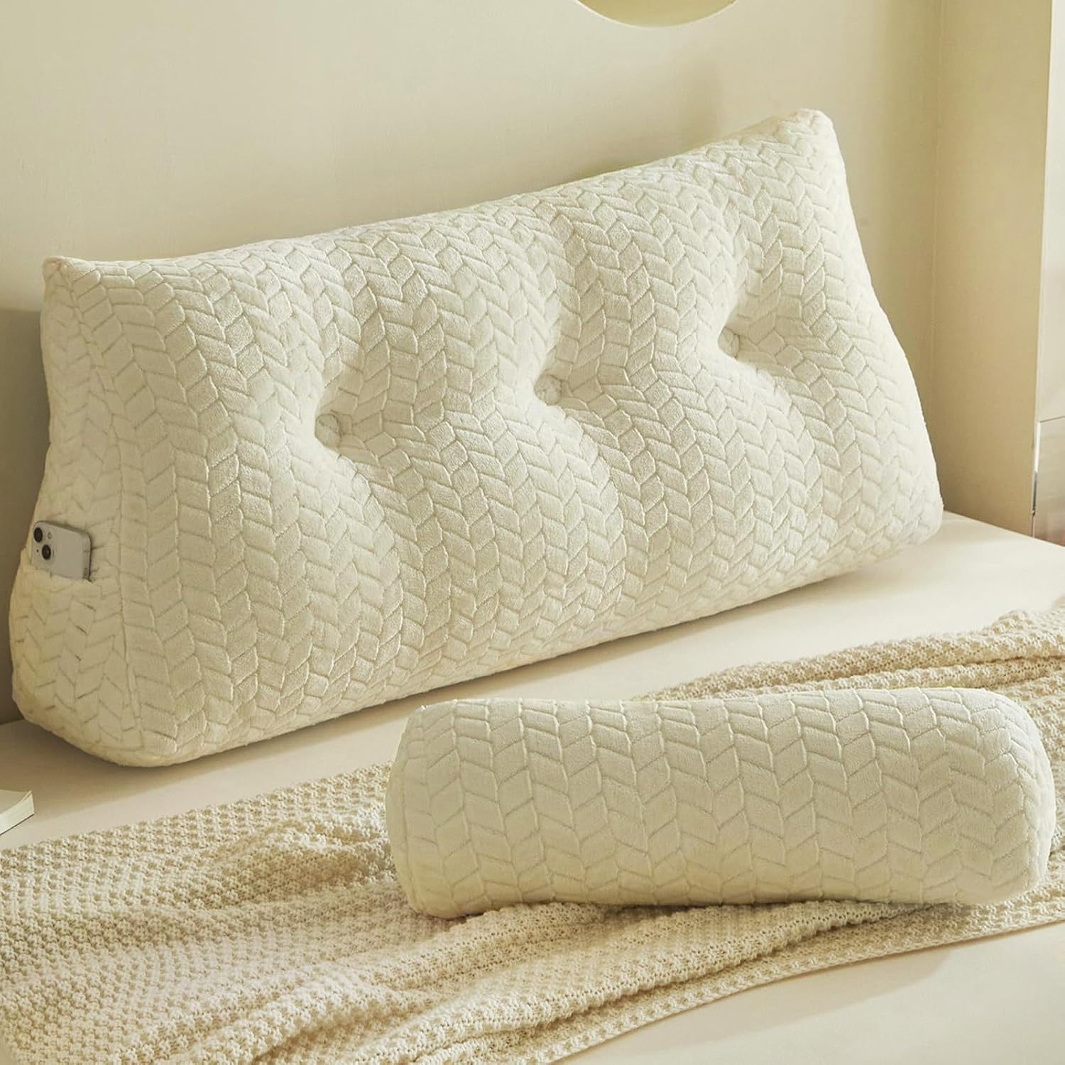 Yourmoon YOUR MOON Wedge Headboard Pillow Twin Size, Triangular Wedge Backrest Pillow with 1 Pack Neck Roll Pillows, Headboard Pillow for B…