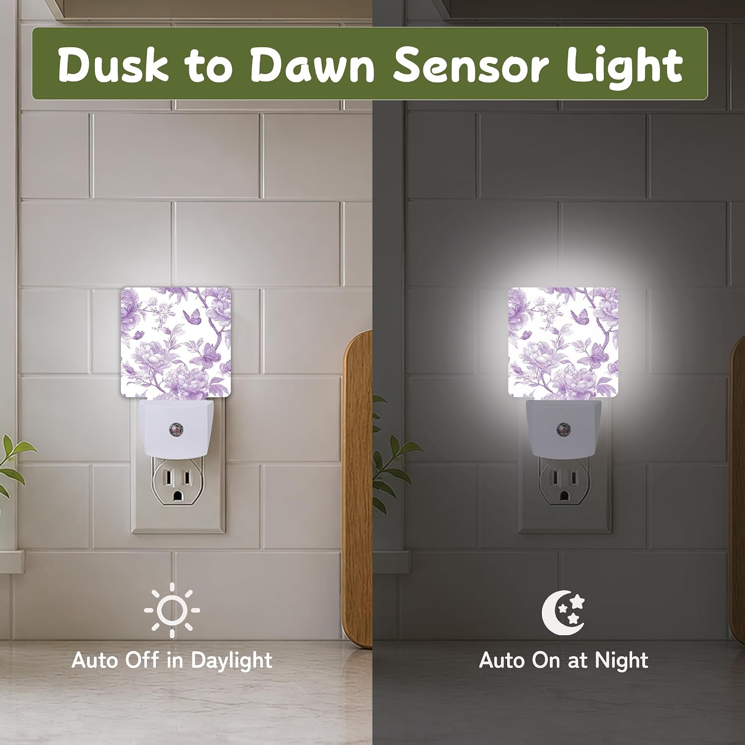 Lavender Toile Butterfly Night Light, Night Lights Plug into Wall with Dusk to Dawn Sensor for Bedroom Bathroom Hallway Kitchen…