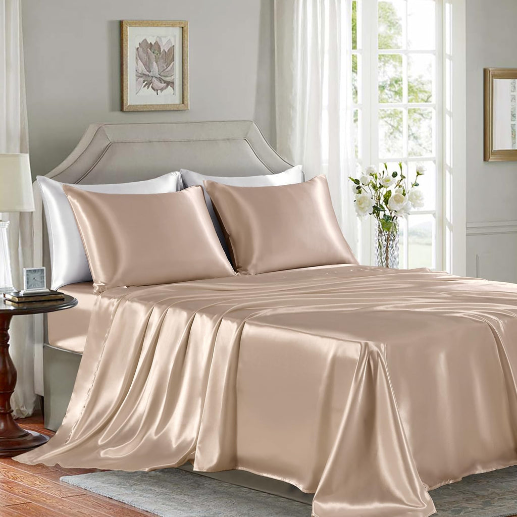 Golal Satin Sheets Full Size - 4 Pieces Luxury Silky Soft Bed Sheets, Wrinkle-Free Champagne Satin Silk Sheet Set with 1 Deep Pocket Fitted…