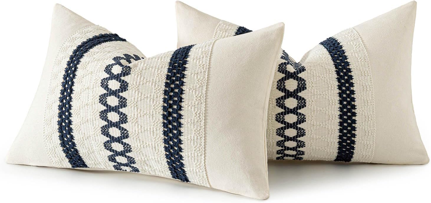 MIULEE Set of 2 Navy Blue Boho Decorative Lumbar Pillow Covers 12x20 Inch Farmhouse Rustic Couch Throw Pillows Modern Cotton Cushion…
