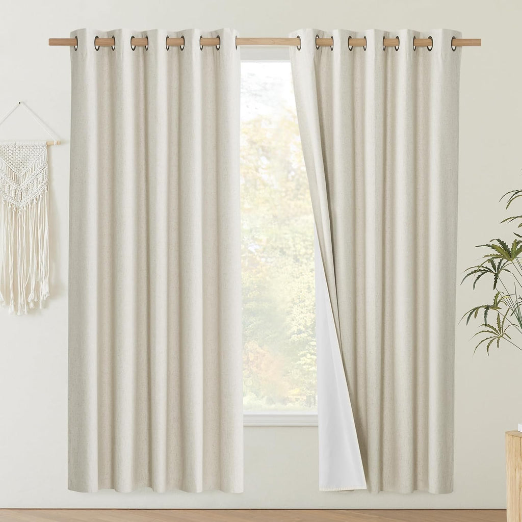NICETOWN Natural Bedroom Full Blackout Linen Curtain Panels Set of 2, 62" by 72", Thick Insulated Classic Grommet Blackout Draperies with…