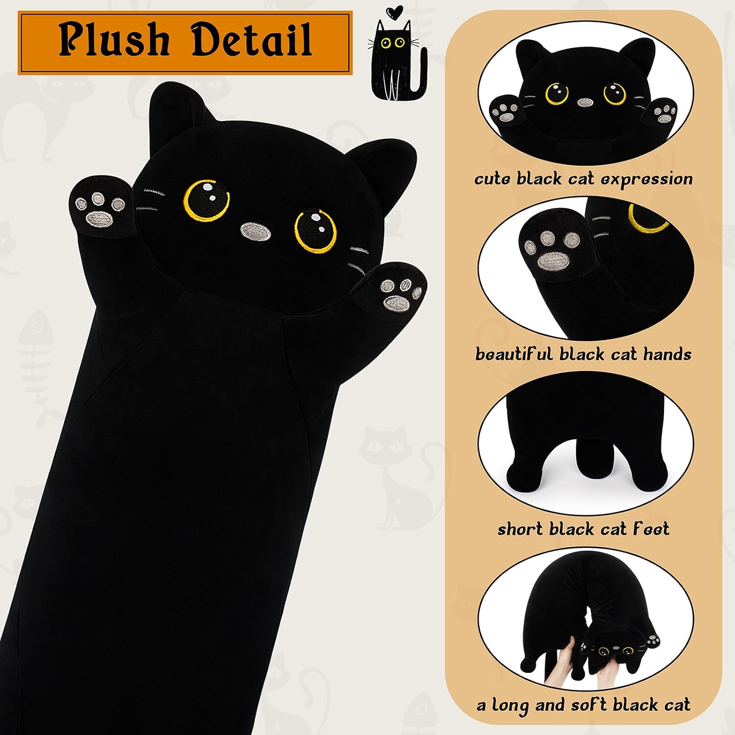 Large Cat Stuffed Animal-35.5” Black Cat Plush, Cute Plushies Long Animal Body Pillows, Kawaii Big Plush Toys Animals Gifts, Animals…
