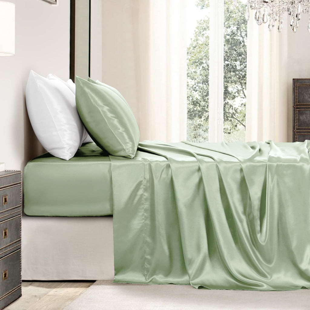 Golal Satin Sheets Queen Size - 4 Pieces Luxury Silky Soft Bed Sheets, Wrinkle-Free Sage Green Satin Silk Sheet Set with 1 Deep Pocket Fitt…
