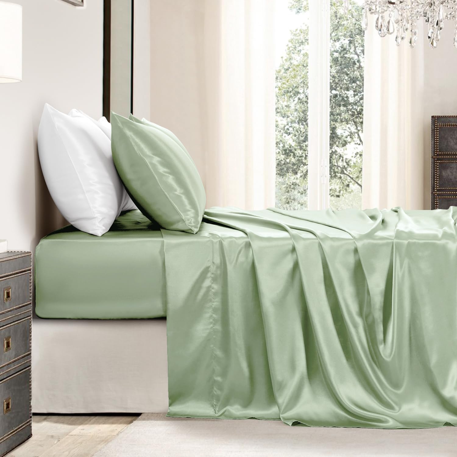 Golal Satin Sheets California King Size - 4 Pieces Luxury Silky Soft Bed Sheets, Wrinkle-Free Sage Green Satin Silk Sheet Set with 1 Deep P…