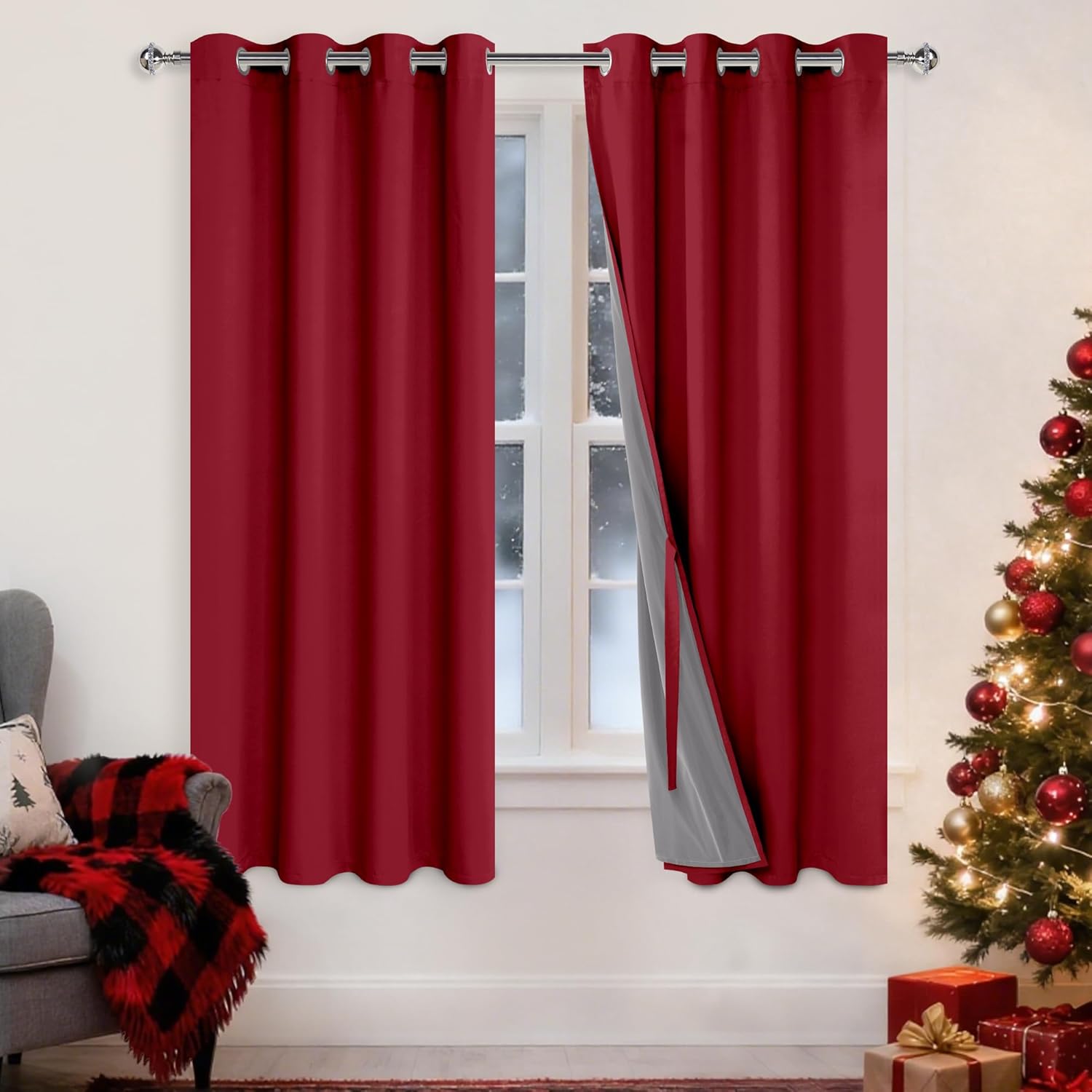 Xwzo 100% Blackout Curtains 72 Inches Length - Heat and Light Blocking Ring Top Window Drapes with Black Liner Backing for Bedroom Sewn wit…