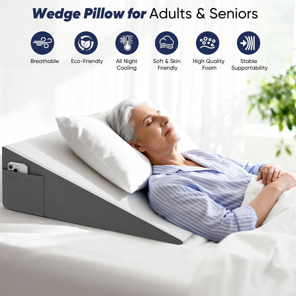 Bed Wedge Pillow for Sleeping & Resting, 8 inch Incline Pillow Wedge for Adults Seniors, Back Support and Leg Elevation, Cooling Memory…