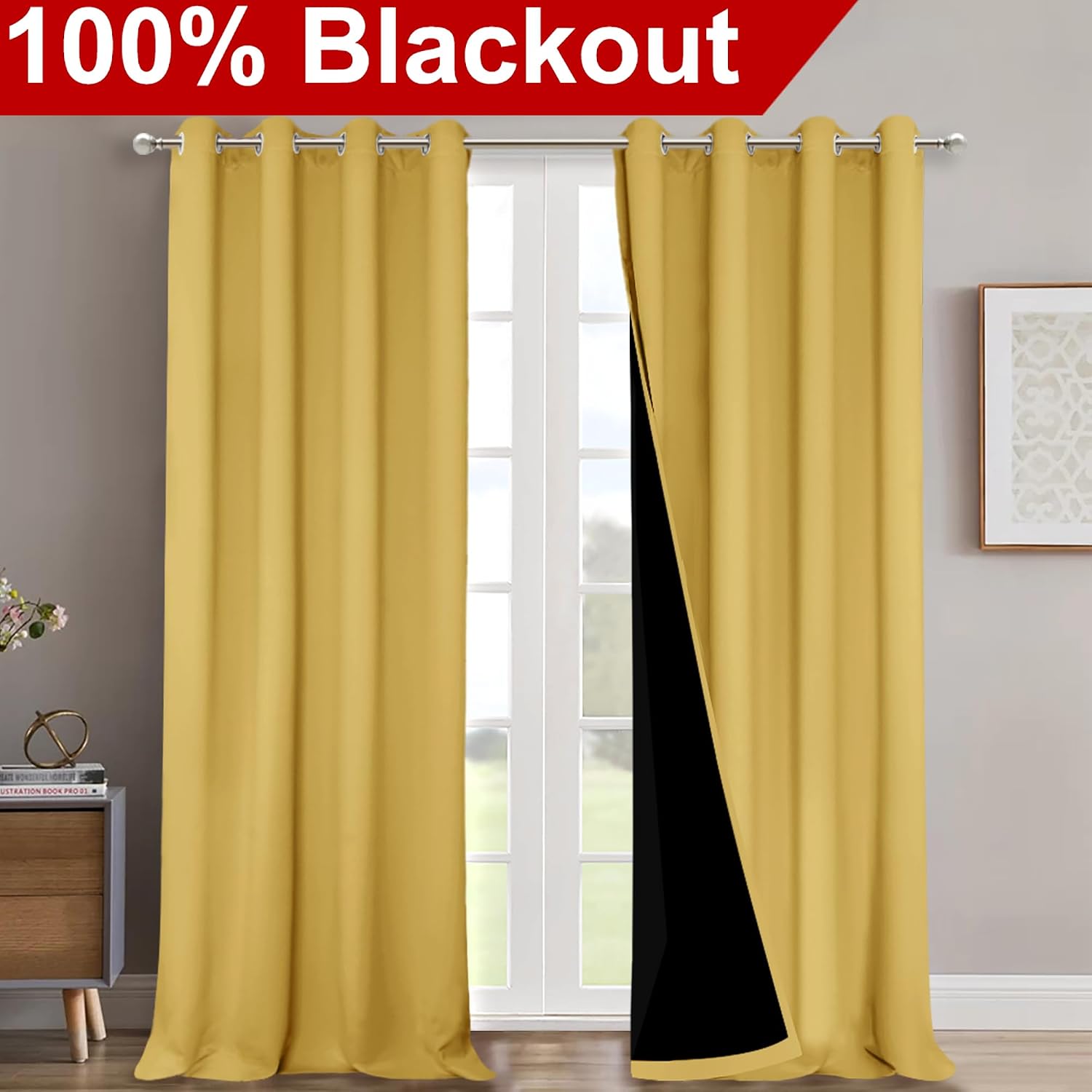 Nicetown 100% Blackout Blinds, Laundry Room Decor Window Treatment Curtains for Large Patio Sliding Door, Thermal Insulated Bright Yellow C…