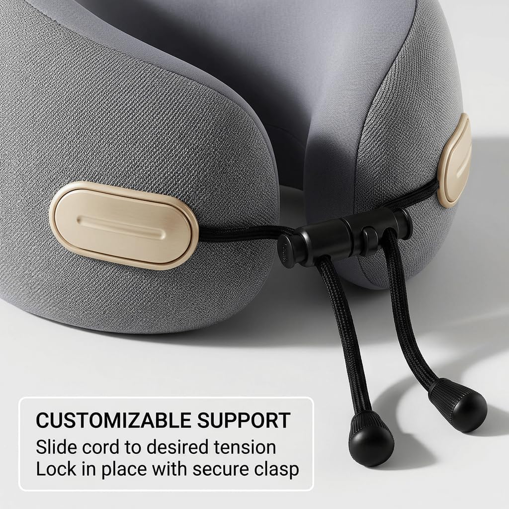 Ziurfys Travel Neck Pillow with Storage Case, 100% Pure Memory Foam, Airplane Head Support for Flight Sleeping, Portable, Gray Gray