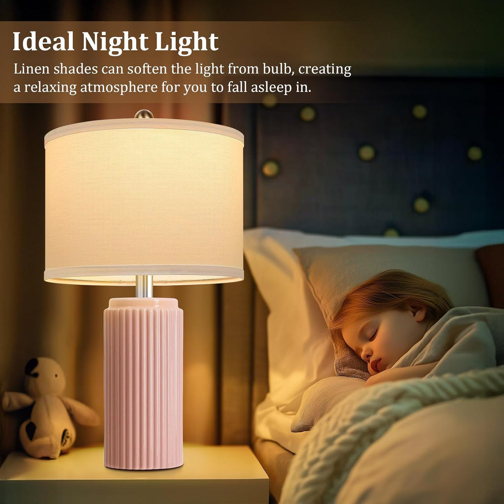 Tobusa 23.5’’ Modern Pink Table Lamps Set of 2 for Living Room, Ceramic Bedside Lamps with White Linen Shade for Girls Room, Rustic Nightst…