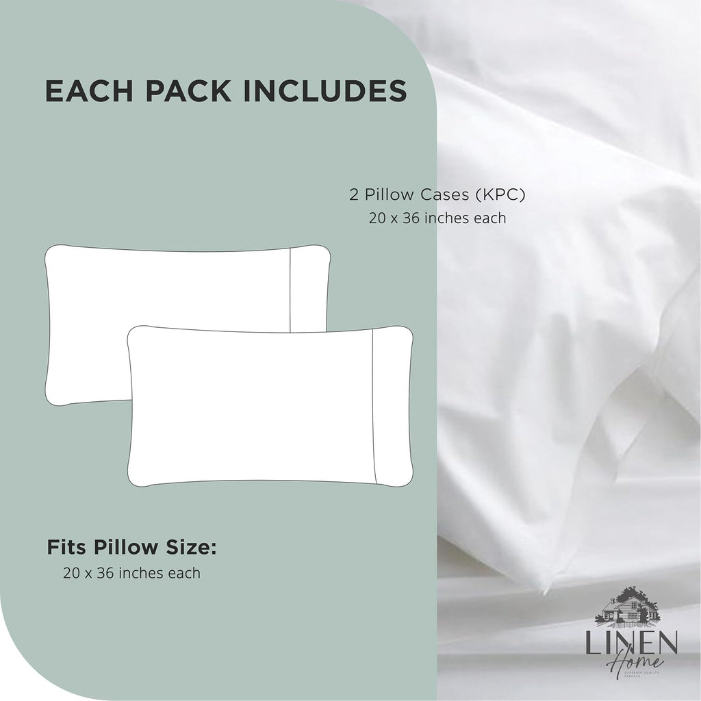 Linen Home 100% Cotton Percale Pillowcases King Size, Sage, 2 Pieces of Pillow Case, Crisp and Cool Strong Bed Linen, 20 inches X 36 inches