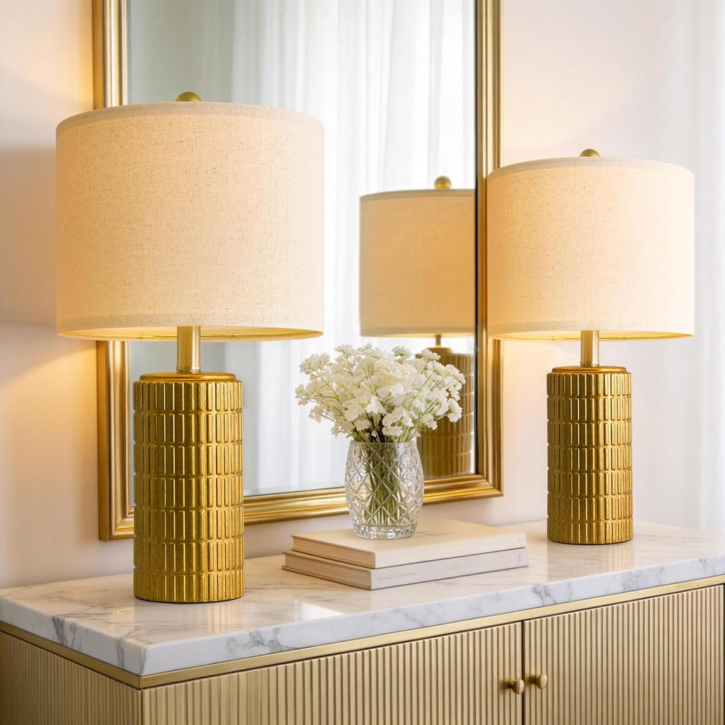 PoKat 20.75" Brass Gold Ceramic Table Lamps Set of 2 for Living Room, Small Retro Bedside Lamps for Bedroom, Nightstand Lamps for Home…