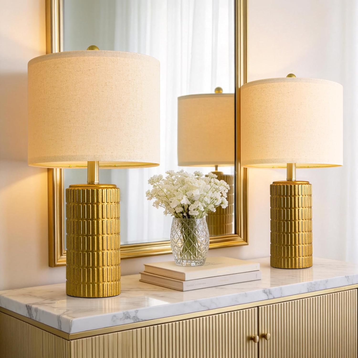 PoKat 20.75" Brass Gold Ceramic Table Lamps Set of 2 for Living Room, Small Retro Bedside Lamps for Bedroom, Nightstand Lamps for Home…