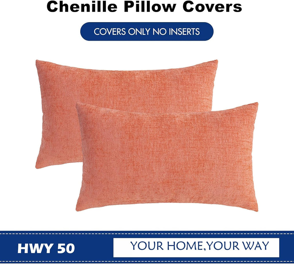 Hwy50 HWY 50 Coral Pink Lumbar Pillow Covers 12x20 Inch Pack of 2, Soft Chenille Decorative Throw Pillow Covers Farmhouse for Couch Sofa Li…