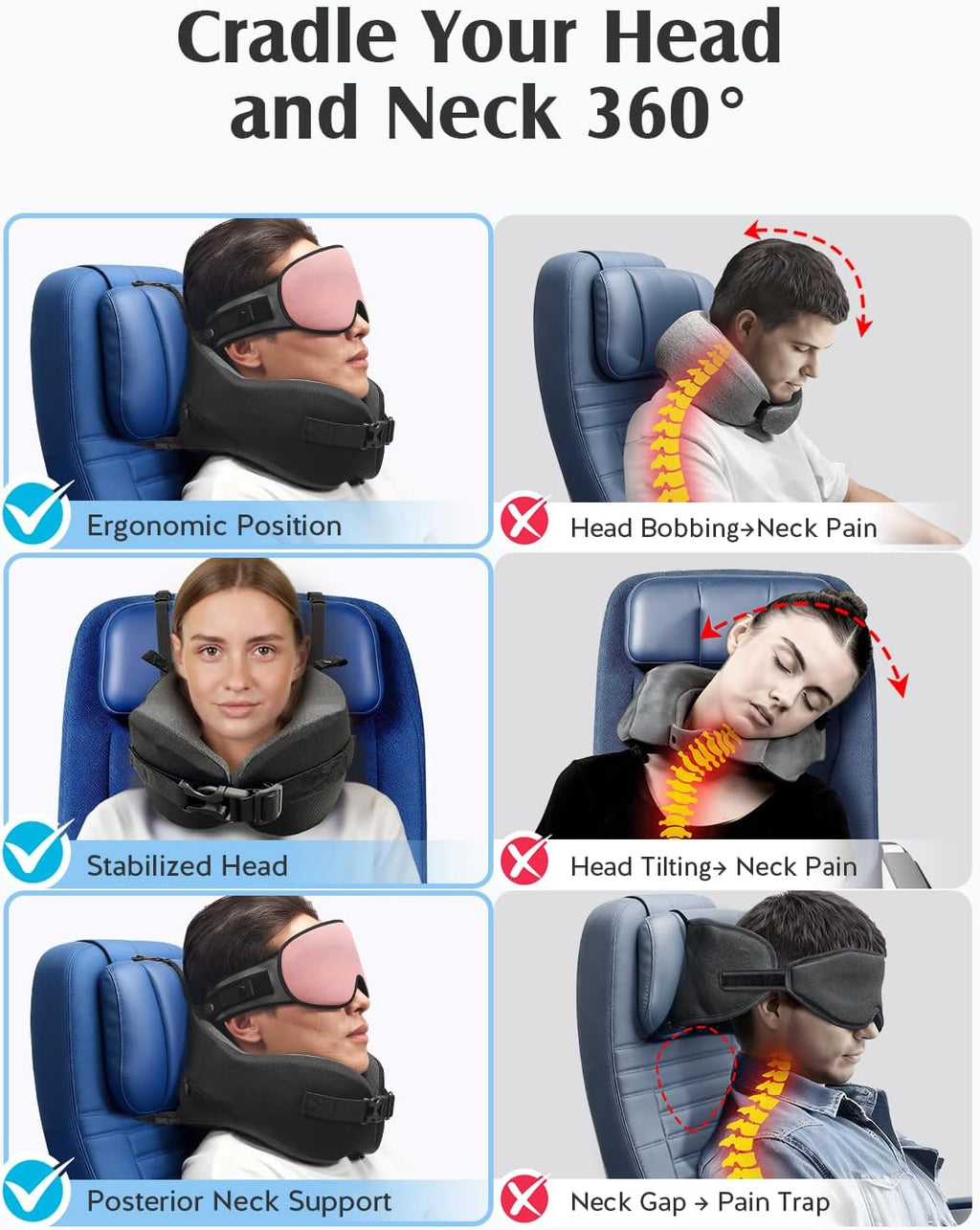 YFONG Travel Pillow for Long Flight Airplanes, Head Strap Combo with 3D Contoured Eye Mask for Sleep, Neck Pillow for Car Trip Essential…